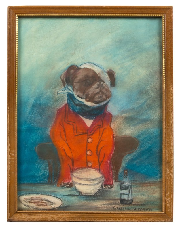 Vintage Mid Century Signed Framed Dog Pastel, Bulldog in Coat at the Table