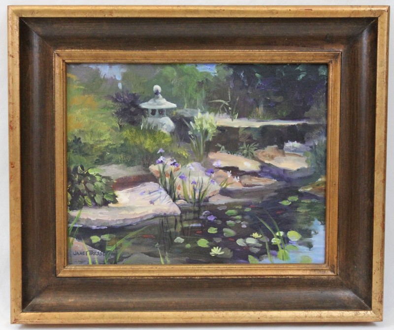 Janet Tressler 11×14 Oil Painting Impressionist Koi Pond Garden Landscape