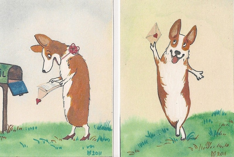 SET OF 2 ACEO PRINT OF PAINTING RYTA PEMBROKE WELSH CORGI VALENTINES DAY ART DOG