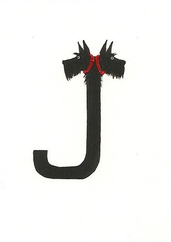 SCOTTISH TERRIER ALPHABET J PRINT OF PAINTING ACEO LETTER SCOTTIE CALLIGRAPHY