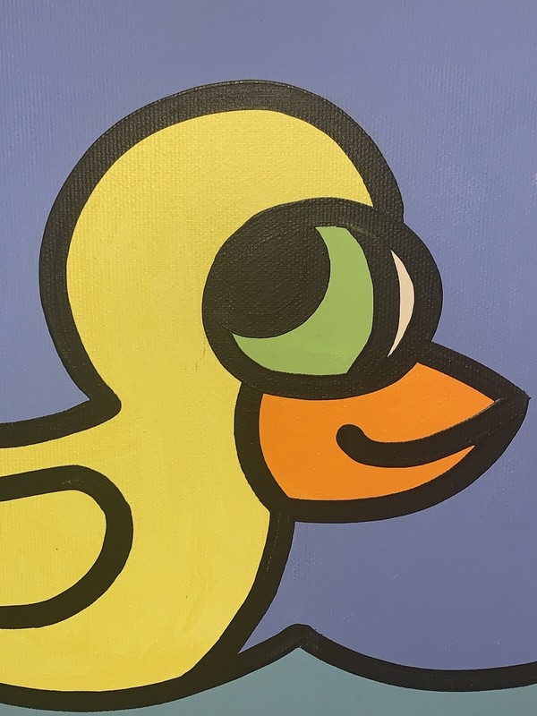 Charles Houska 2001 Yellow Duck Pink Fish Acrylic Canvas Blue Orange Black 12”Sq gallery