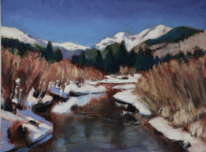 Winter Painting River Mountains Snow 9×12 Original Oil on Canvas Sue Whitney