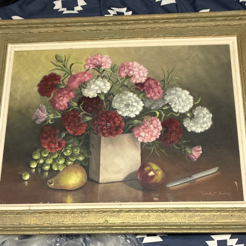 Gladys Young Signed Framed Still Life Painting Flowers & Fruit Floral Nature