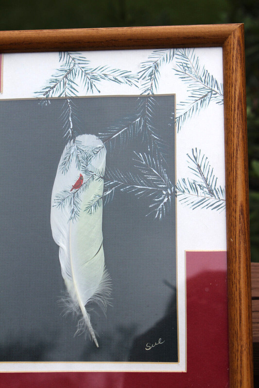 Cardinal on Snow Covered Branches Original Art Painting w/Feather Signed gallery