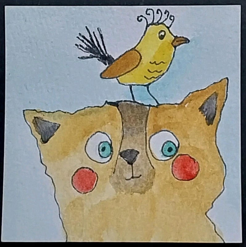 Original Watercolor Miniature Painting 3″ Cat Bird 3 Inch Art