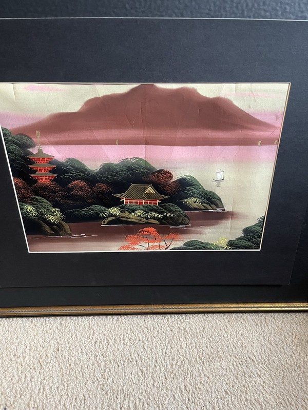 Asian Painting On Silk In Mat & Frame 26 X 21 NOTE CONDITION gallery