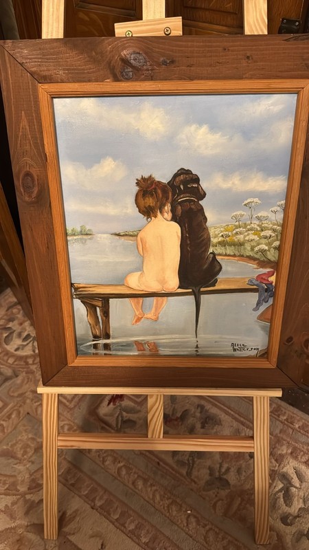 Original Framed Acrylic Painting Lakeside Bench Impressionist Landscape 18×25