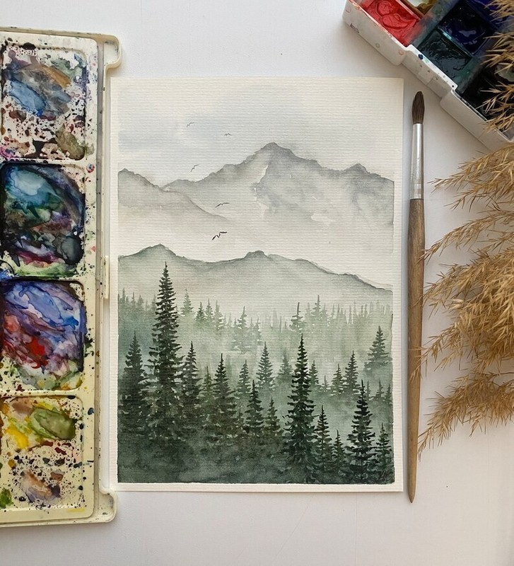 Original watercolor Art Pinewood Painting Pine Tree Art Misty Landscape Artwork