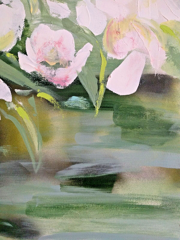 Original Acrylic Painting: Spring Tulips floral green white pink abstract modern gallery