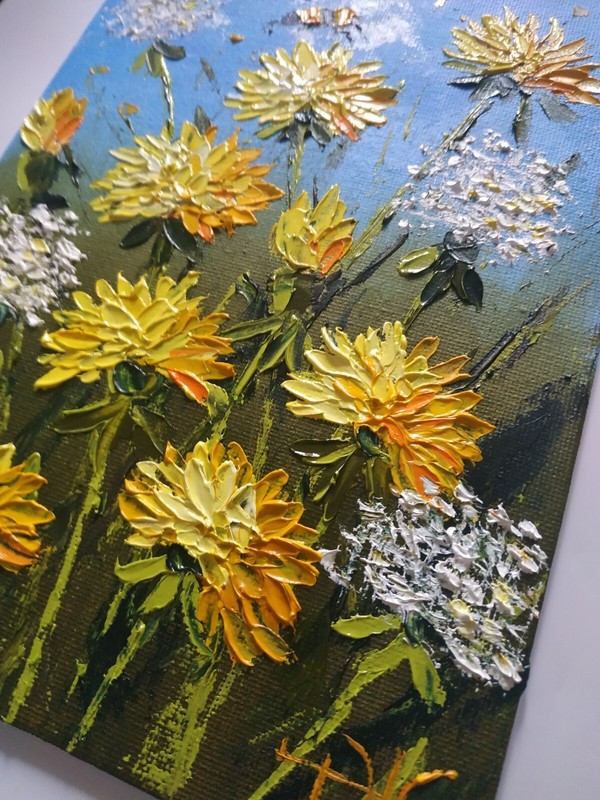 Dandelions Oil Painting Wildflowers Impasto Original art Unframed 8x6 inches gallery