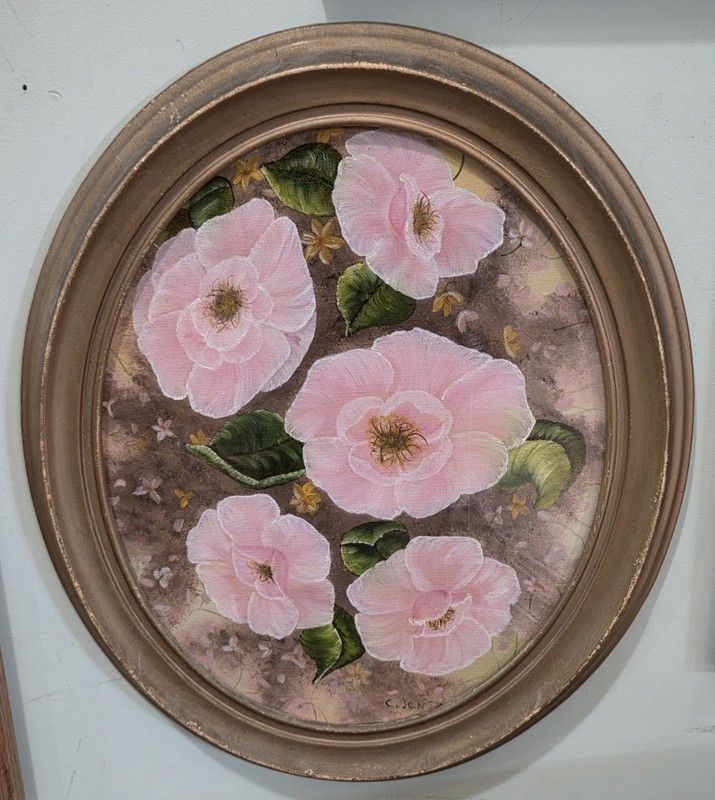 Pink Camellia Floral Original Oil Painting Oval Framed