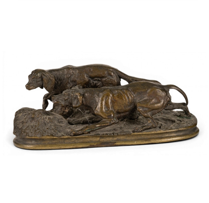 Antique 19th Century French Bronze Two Hunting Dogs Sculpture Signed PJ Mene