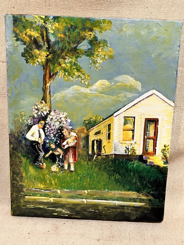 VTG Painting Funeral After The Storm Family With Pet In Garden V6548