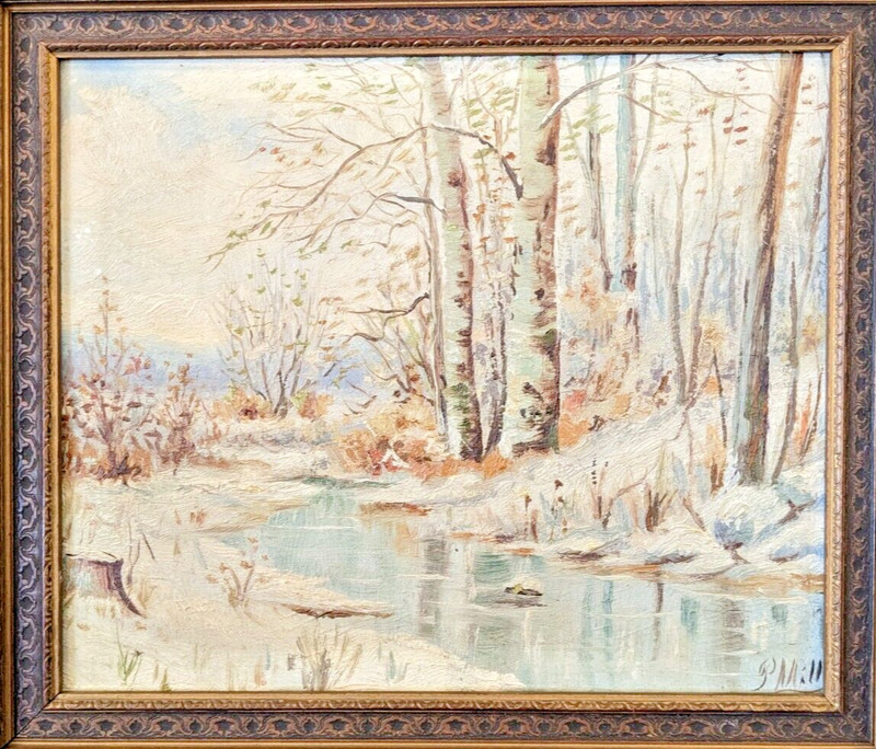 19th Century Winter Landscape Oil Painting – Signed P. Mills