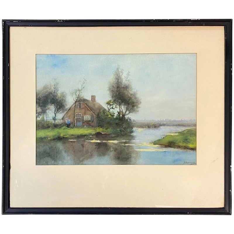 Jan Hillebrand Wijsmuller Dutch Watercolor Riverscape Painting with House