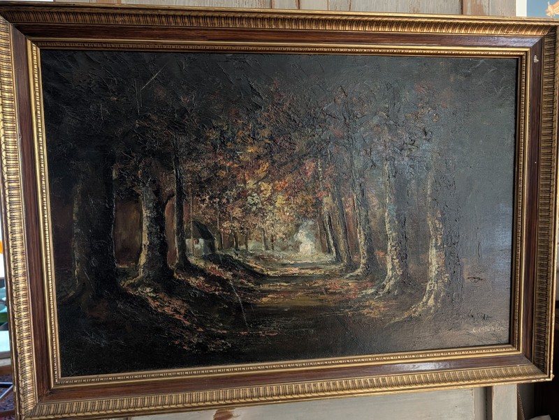 Constantin MEUNIER ANTIQUE Forest Trees LANDSCAPE PAINTING Framed Large 29 X40″