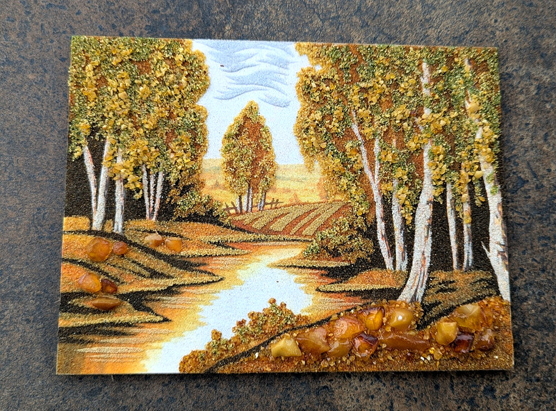 Soviet Baltic Amber Mosaic Picture Autumn Cabin Landscape Handmade Wall Art