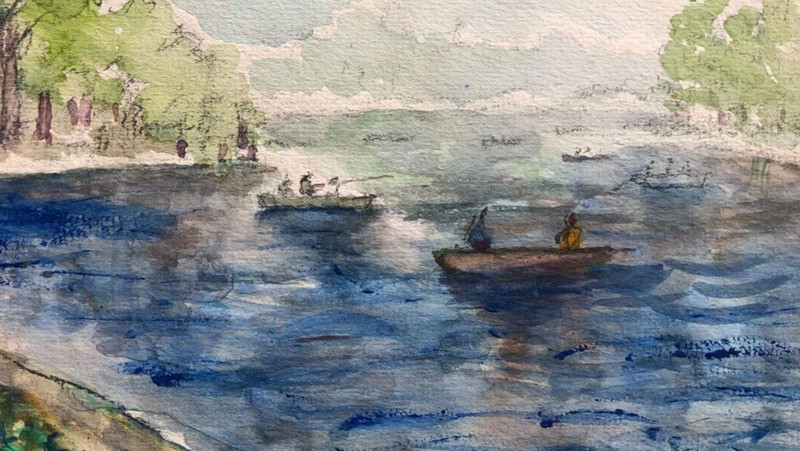 Boaters, Fishermen in a Lake Watercolor 8 7/8 x 11 7/8- Circa 1950s-B. Rasnick gallery