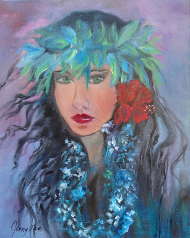 HAWAII ARTIST «Girl with the Haku Leis and Hibiscus in Her Hair» One of a Kind