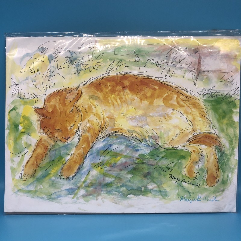 Original Watercolor & Pen Print orange ginger Cat SIGNED Marge Bobbinski