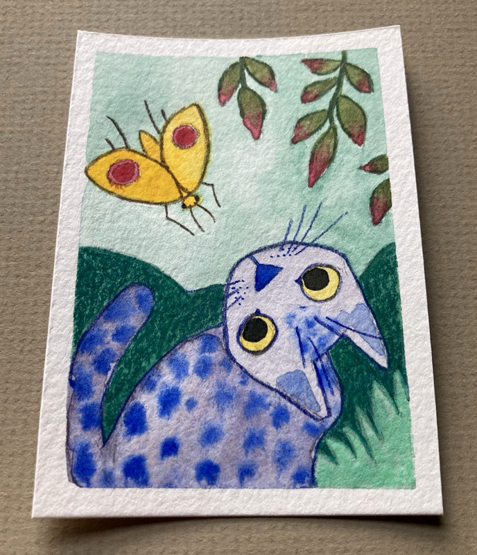 ACEO Original Watercolor Mixed Media Spotted Cat Moth Insect Artist Signed