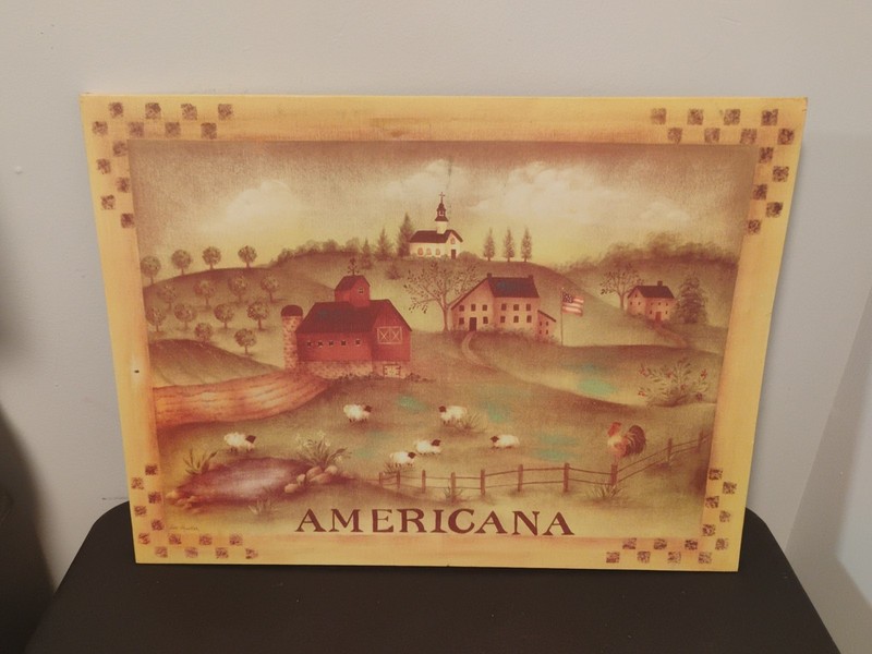 28×21 Americana Folk Art Pastoral Scene With Sheep, Red Barn, Church Houses