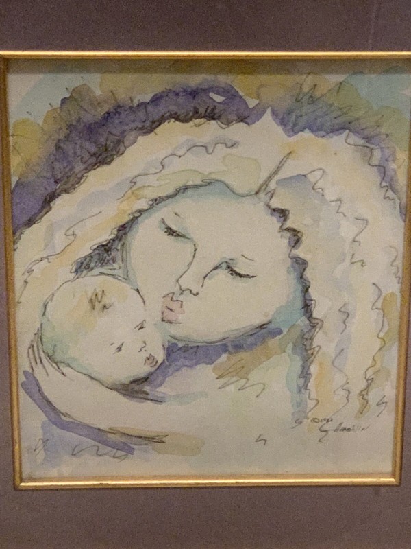 Ink And Water Color Mother And Child Signed 1989 In Glass Frame