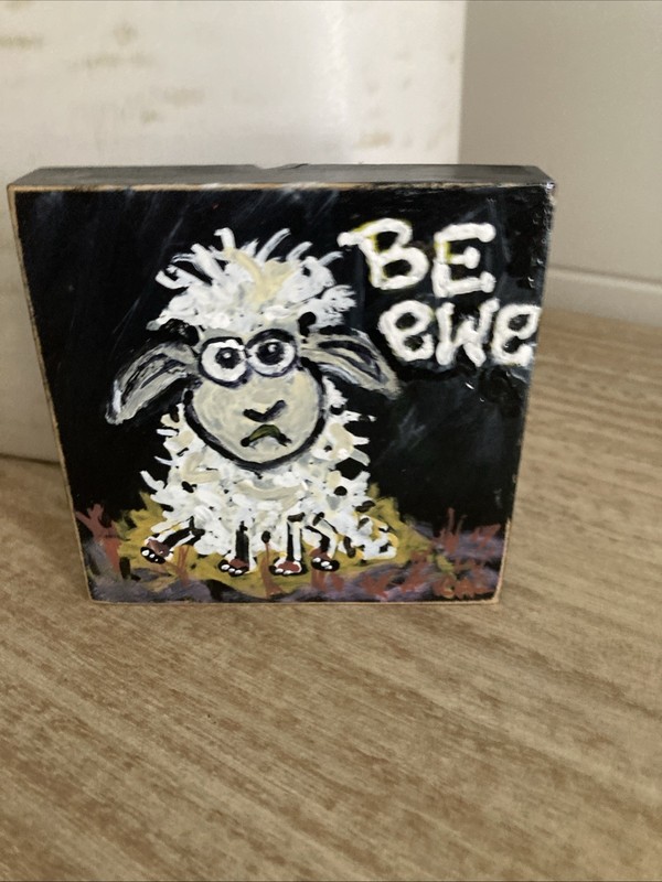 Expressionism Abstract Art Funny Sheep Be Ewe By Artist RAC On 4×4 Wood Block