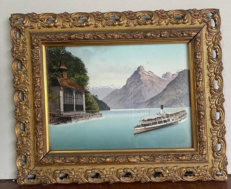 Framed Painting of Boat, Ferry Sailing Past Mountains