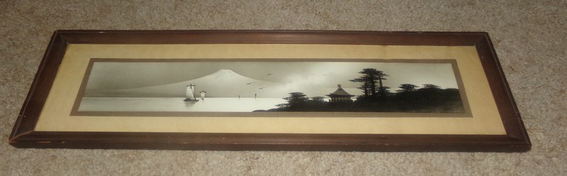 VINTAGE PAINTING FRAMED MT FUJI SAILBOATS BAGODA BIRDS TREES 15″ L X 5 1/2″ T