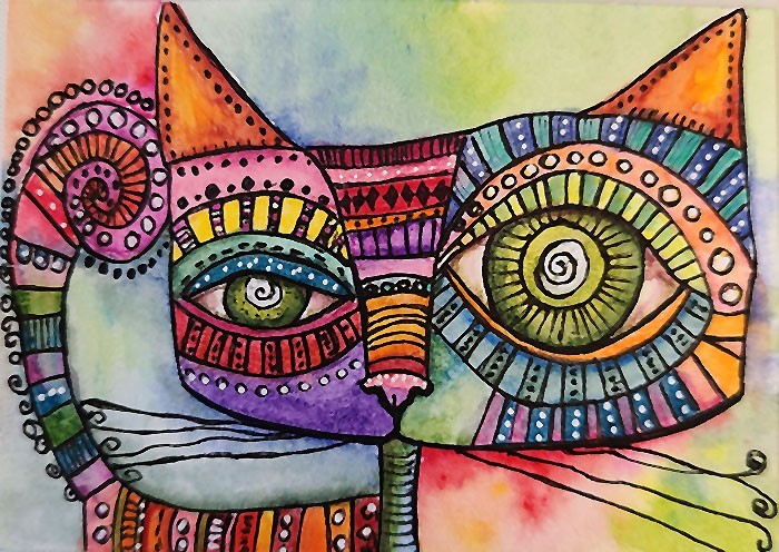 ACEO Original Painting OOAK – Funky Cat- Cat – Bartshe