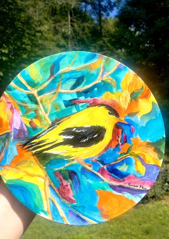 Painting American Goldfinch Round Artist Signed Gwen Flinn