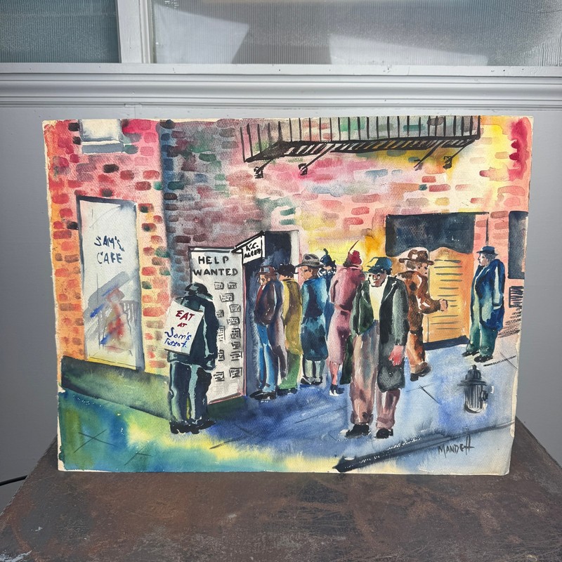 Vtg c.1940s MAXWELL MANDELL (d.2002) Watercolor SOCIAL REALISM Help Wanted