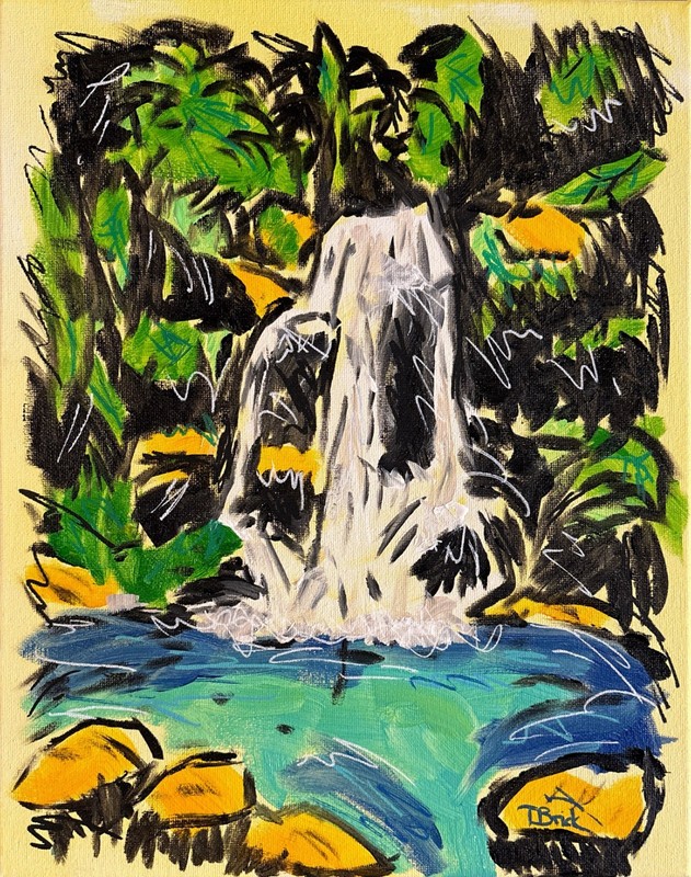 Original Tropical Waterfall Expressionist 11x14 Signed Acrylic Canvas Painting gallery