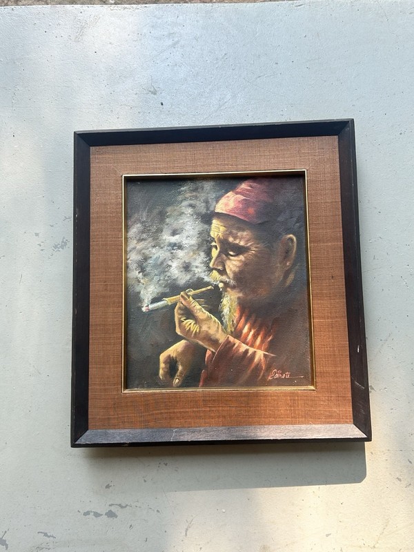 Vintage Portrait Oil Painting Signed Asian Man smoking Japanese Chinese