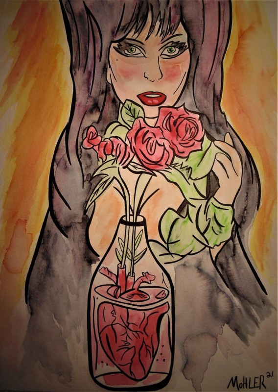 Elvira mistress of the dark fanart «Let love grow» 11×18 watercolor on hardpaper