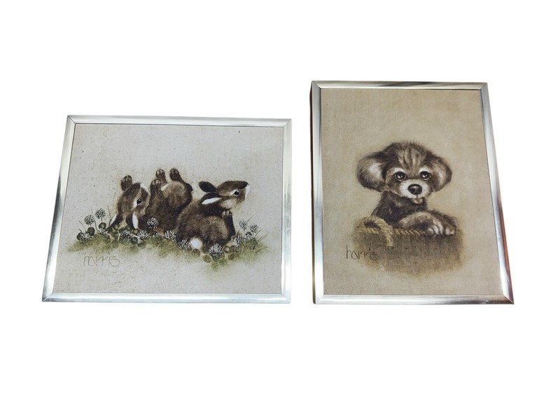 2 Vintage Signed Original Peggy Harris Oil On Canvas Paintings Bunnies And Puppy