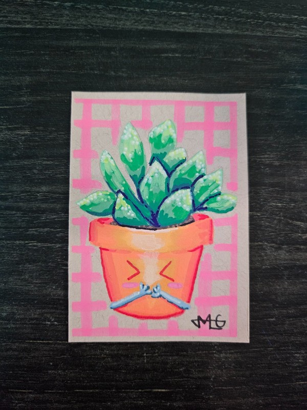 «Silly Succulent» OOAK Cactus Cuties ACEO Original Art Card – by EmLou Artwork