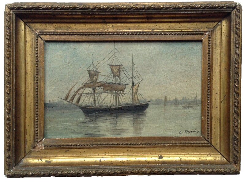 EUGENE BOUDIN SIGNED – 19th CENTURY OIL ON PANEL – THREE-MASTED SHIP IN PORT
