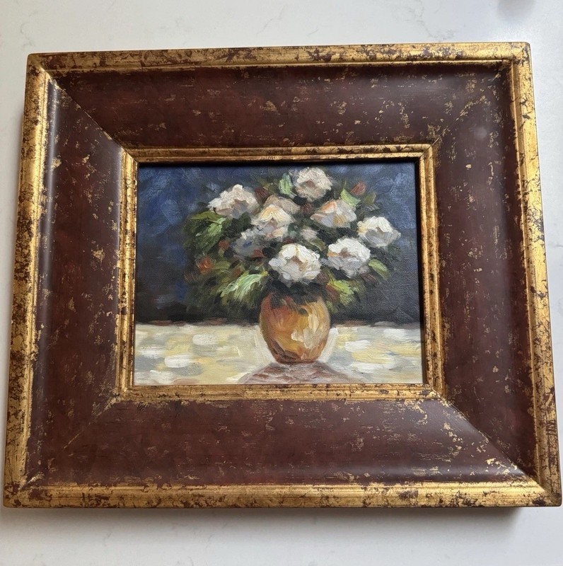 Handmade White Roses Floral Oil Painting 15x17” Heavy 2” Wood Frame
