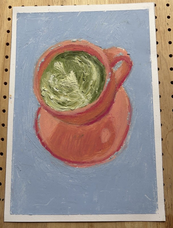 Original Oil Pastel Green Matcha Latte Still Life On Paper By Kayla GS 5.5inx8in