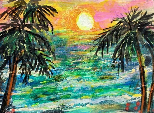 ORIGINAL ACEO Painting Palm TREES Ocean Waves Sunset Sun Summer Sea ATC ART