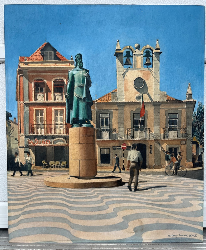 Original Portugal Art Painting Cascais Cityscape Dom Pedro I Signed Milton Marx