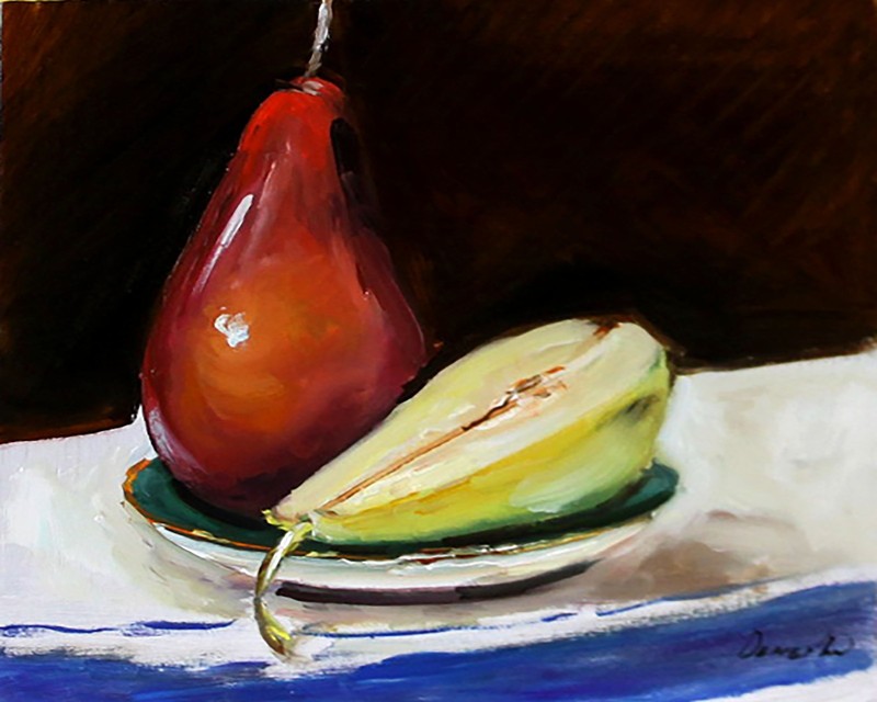 Green and red pears 8×10 in COLLECTIBLE ART impressionism UKRAINE