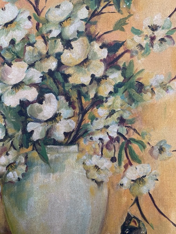 c1950 Floral Still Life Painting Cherry Blossoms Shabby Chic Signed Orientalist gallery