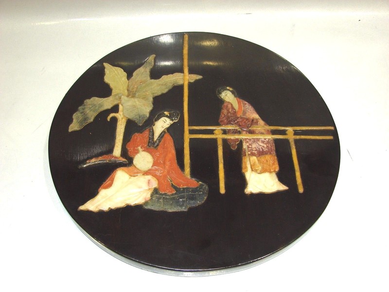 VINTAGE C.1960-1970 CHINESE DECOR INLAY NATURAL STONE CORAL JADE PLATE WOOD