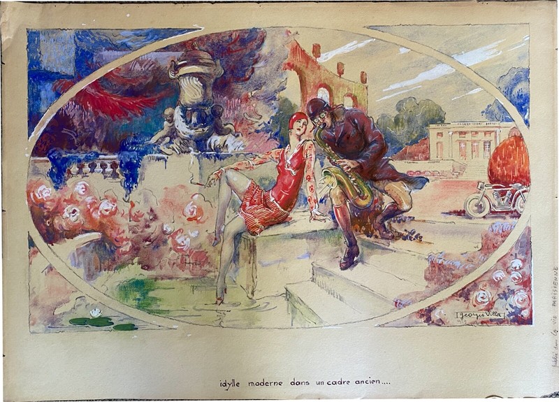 Original Vintage Jazz/Motorcycle Watercolor By Georges Villa French 1920