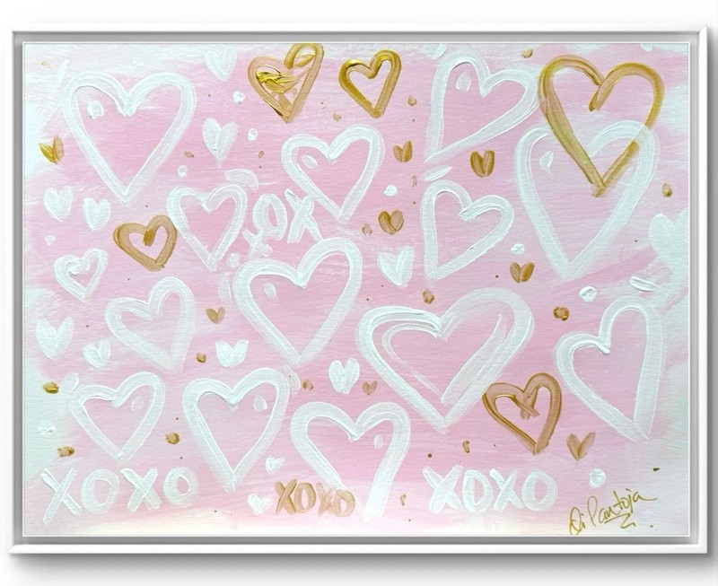 Pink Gold Hearts 14×11 Paper Expressionist Handmade Fine Art Home Decor Interior