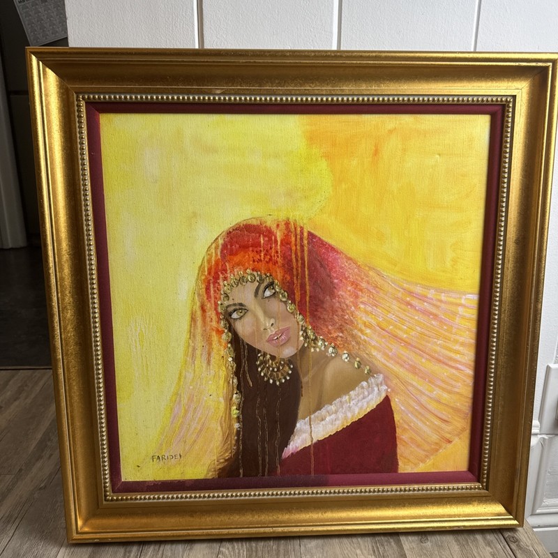 Vintage FARIDEH Signed Canvas Painting Woman Portrait Veil Jewelry Iranian