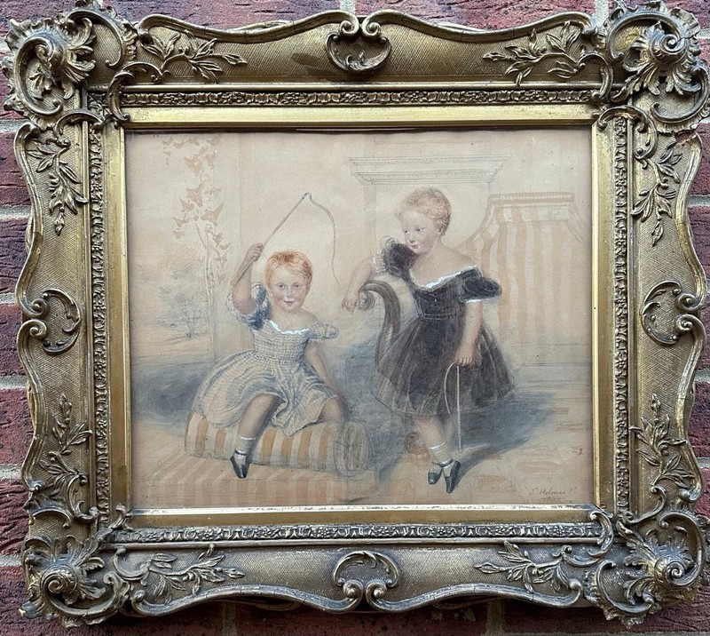 James Holmes (1777–1860)– Two Children Playing, Signed 1838, Watercolour